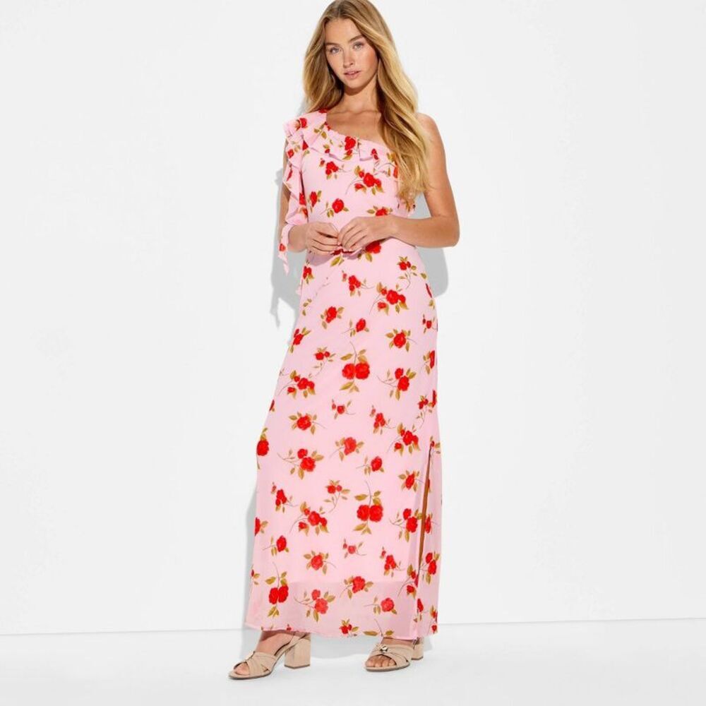 Women's Ruffle One Shoulder Midi Bodycon Dress - Wild Fable Pink Floral L